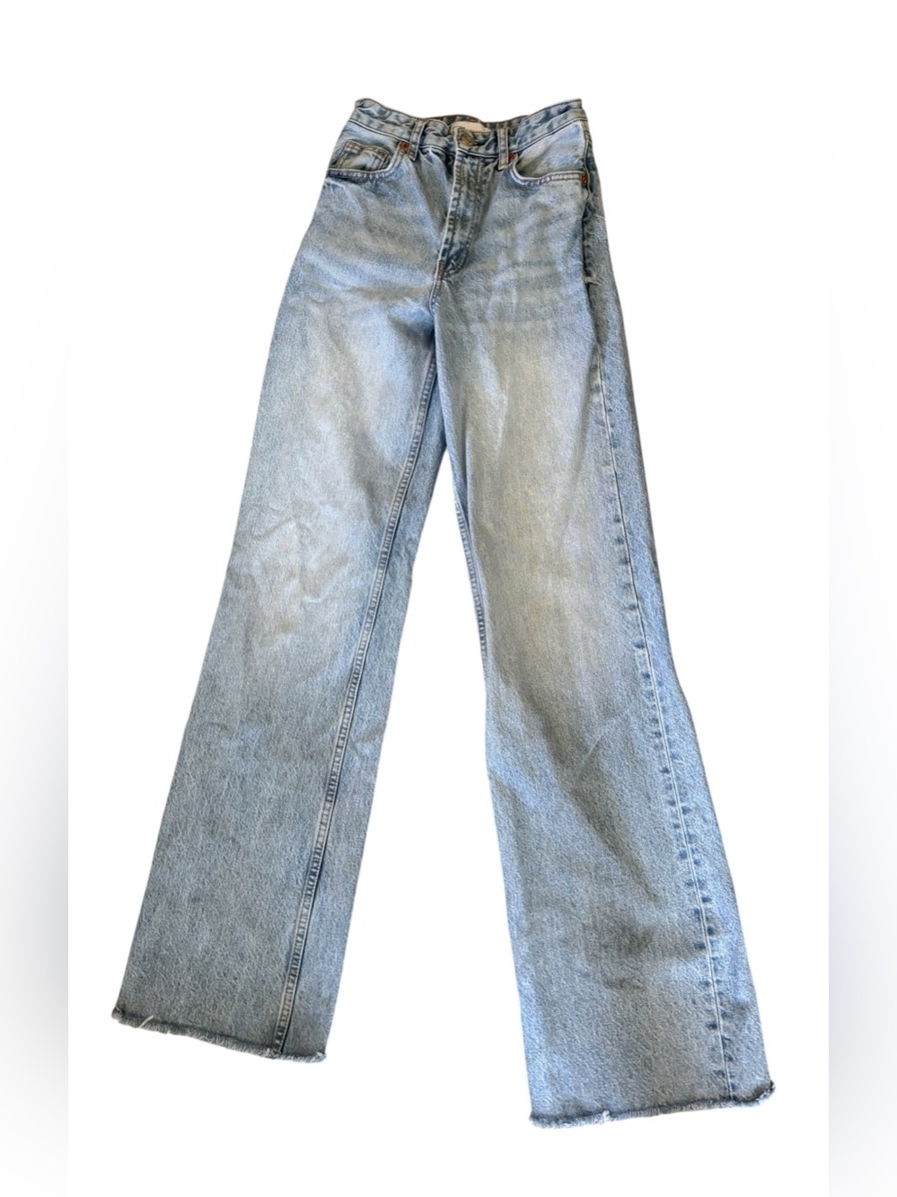 Zara 90’s High Waisted Cotton Jeans Sz 0 Raw Flare Hem Med/Light Wash BTS